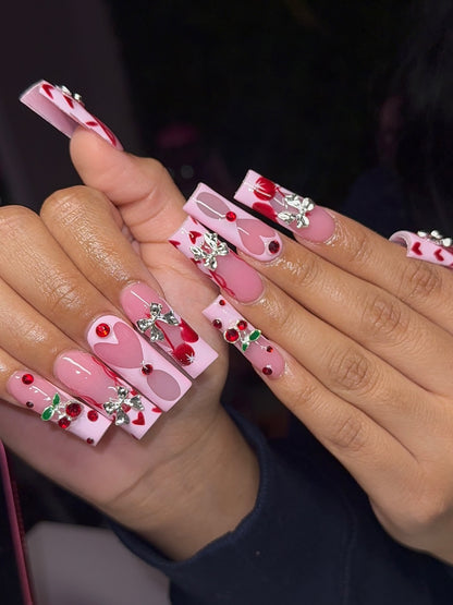 3D Silver Bow & Heart Cherry Press On Nails - XL Square Luxury Set