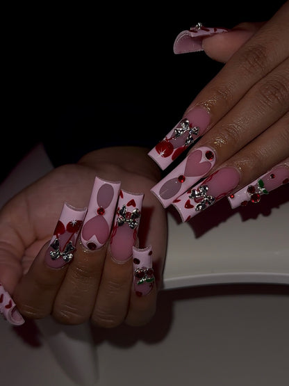 3D Silver Bow & Heart Cherry Press On Nails - XL Square Luxury Set