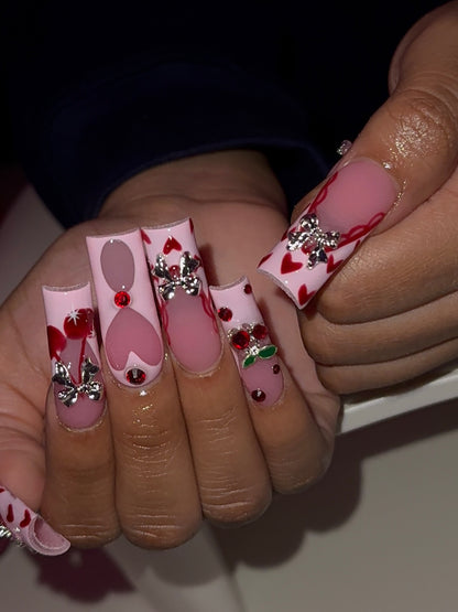 3D Silver Bow & Heart Cherry Press On Nails - XL Square Luxury Set