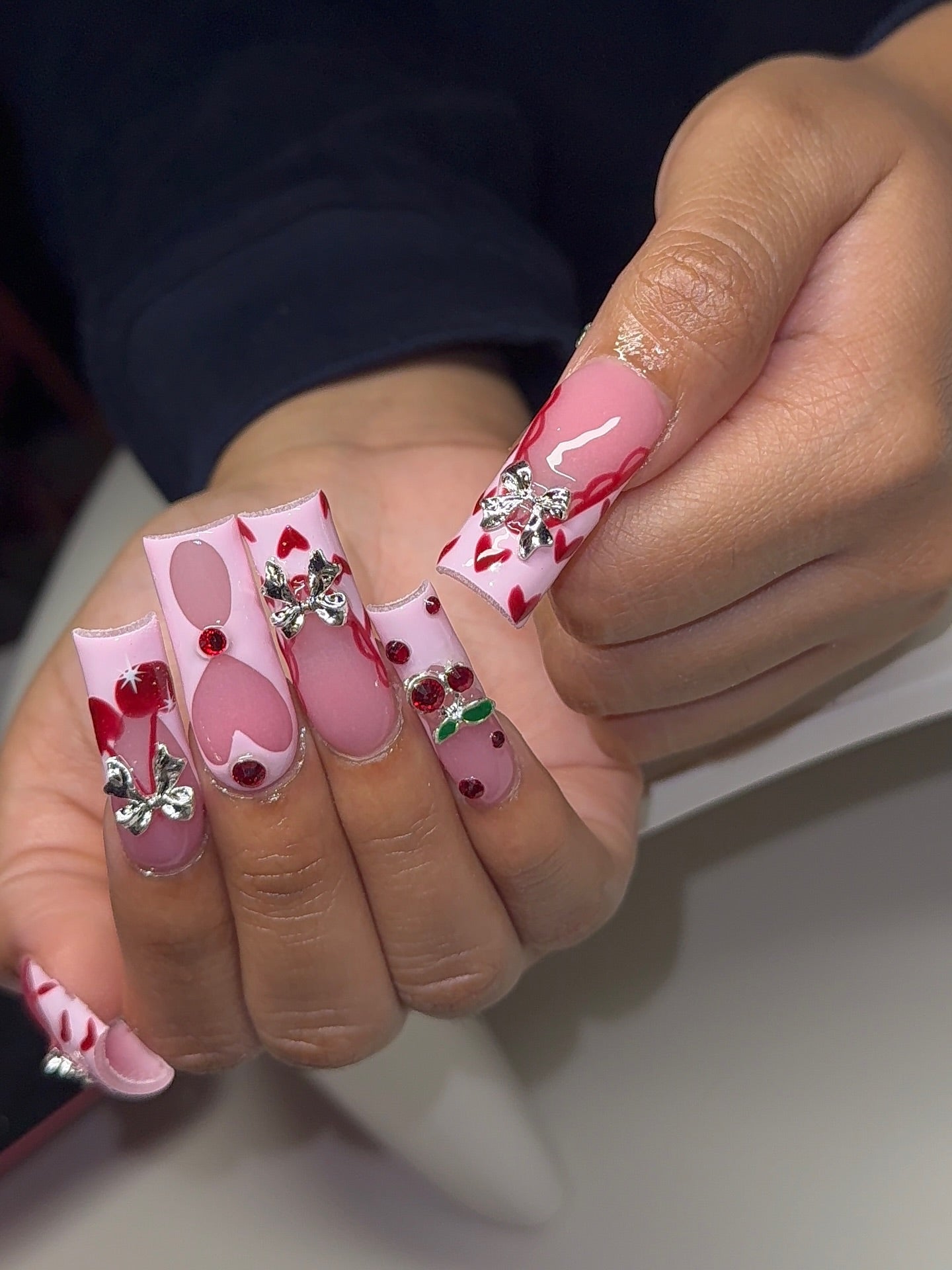 3D Silver Bow & Heart Cherry Press On Nails - XL Square Luxury Set