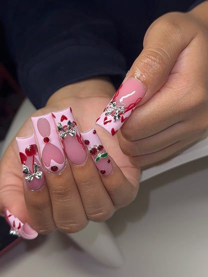 3D Silver Bow & Heart Cherry Press On Nails - XL Square Luxury Set