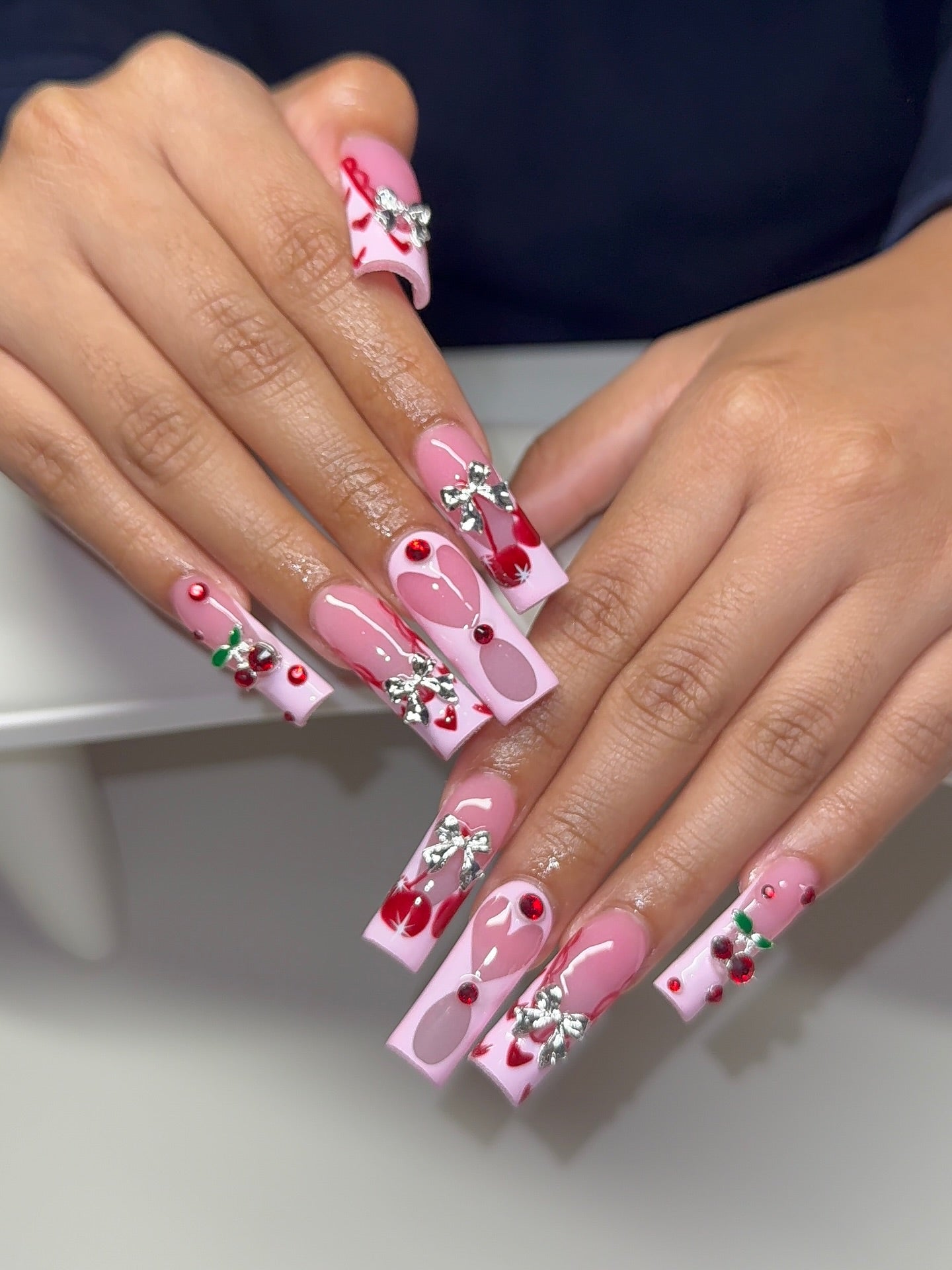3D Silver Bow & Heart Cherry Press On Nails - XL Square Luxury Set