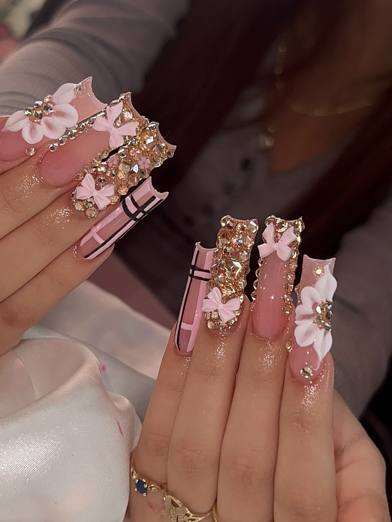 Gilded Floral & Pink Ribbon Press On Nails - Long Square Luxury Set