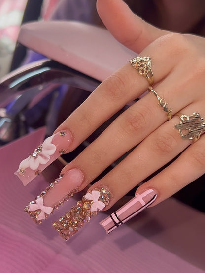 Gilded Floral & Pink Ribbon Press On Nails - Long Square Luxury Set