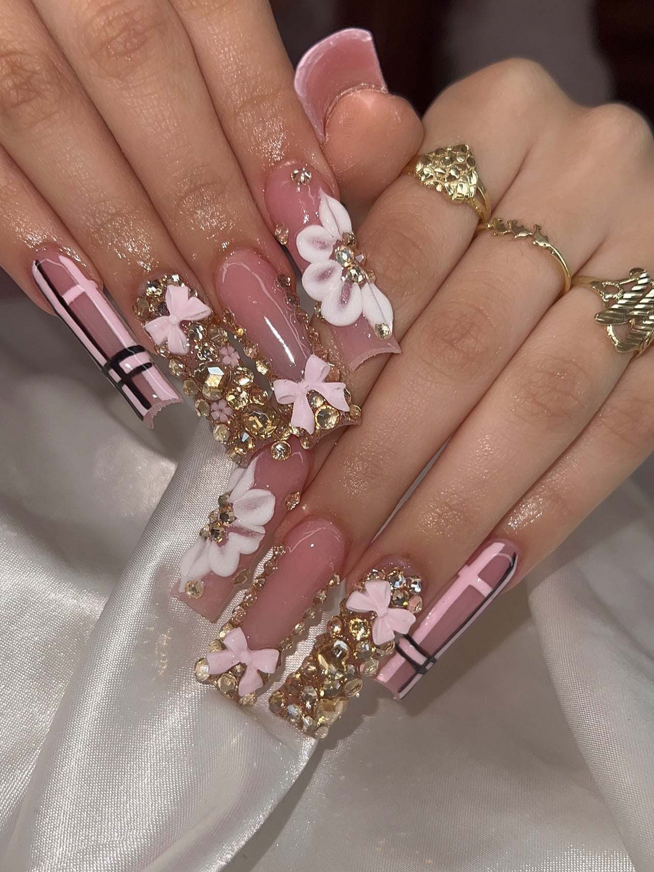 Gilded Floral & Pink Ribbon Press On Nails - Long Square Luxury Set