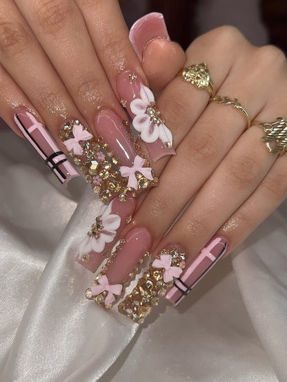 Gilded Floral & Pink Ribbon Press On Nails - Long Square Luxury Set