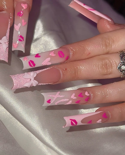 Lover's Corset & 3D Bow Press On Nails - XL Square Sugar Glitter Set