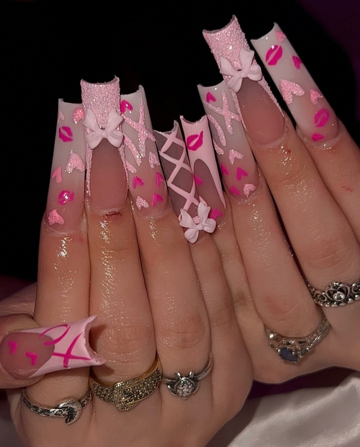 Lover's Corset & 3D Bow Press On Nails - XL Square Sugar Glitter Set