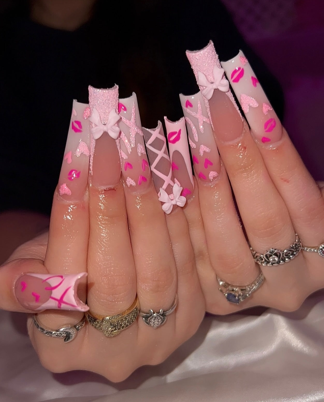 Lover's Corset & 3D Bow Press On Nails - XL Square Sugar Glitter Set