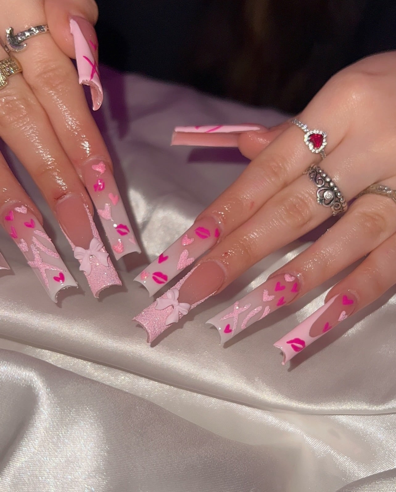 Lover's Corset & 3D Bow Press On Nails - XL Square Sugar Glitter Set