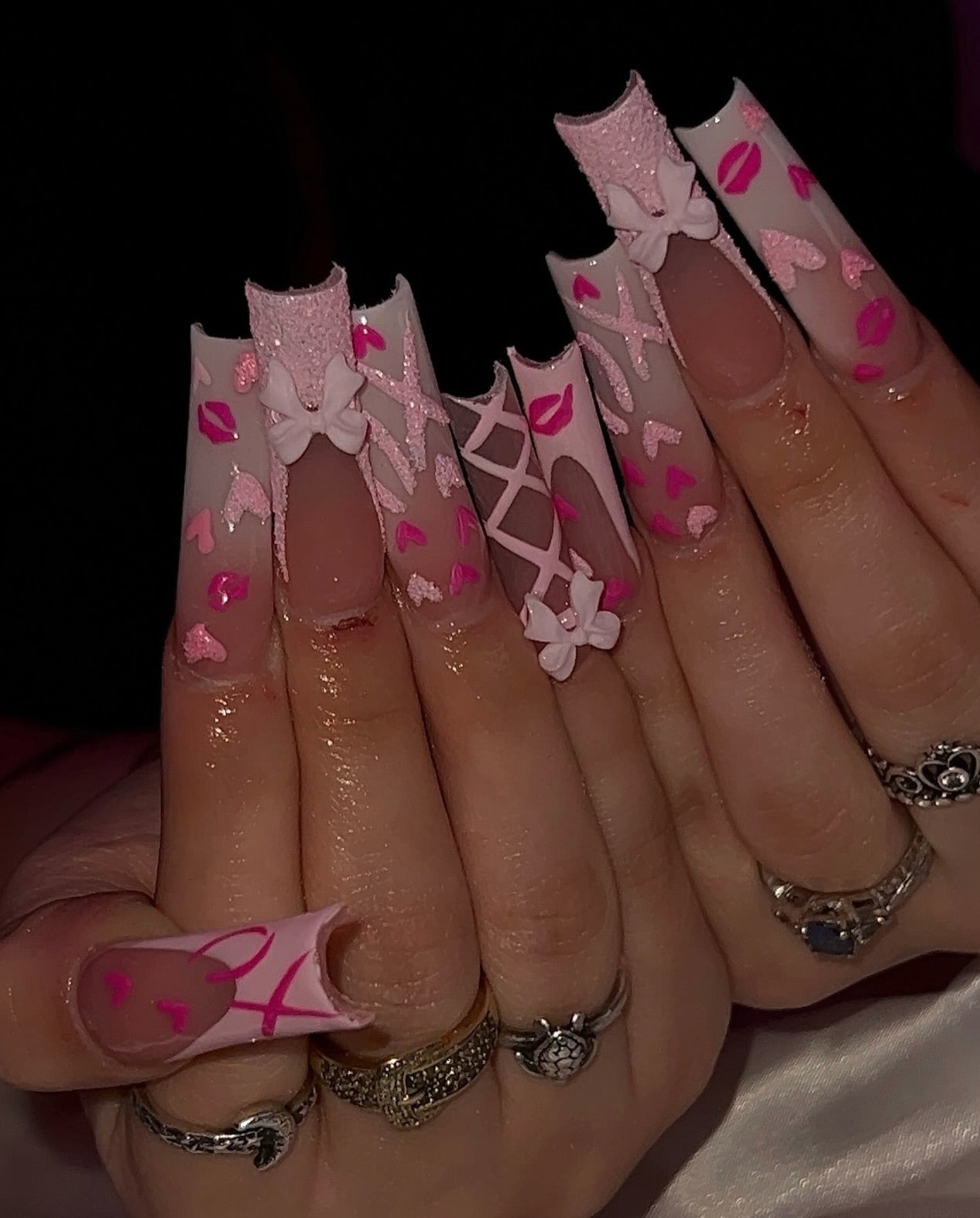 Lover's Corset & 3D Bow Press On Nails - XL Square Sugar Glitter Set