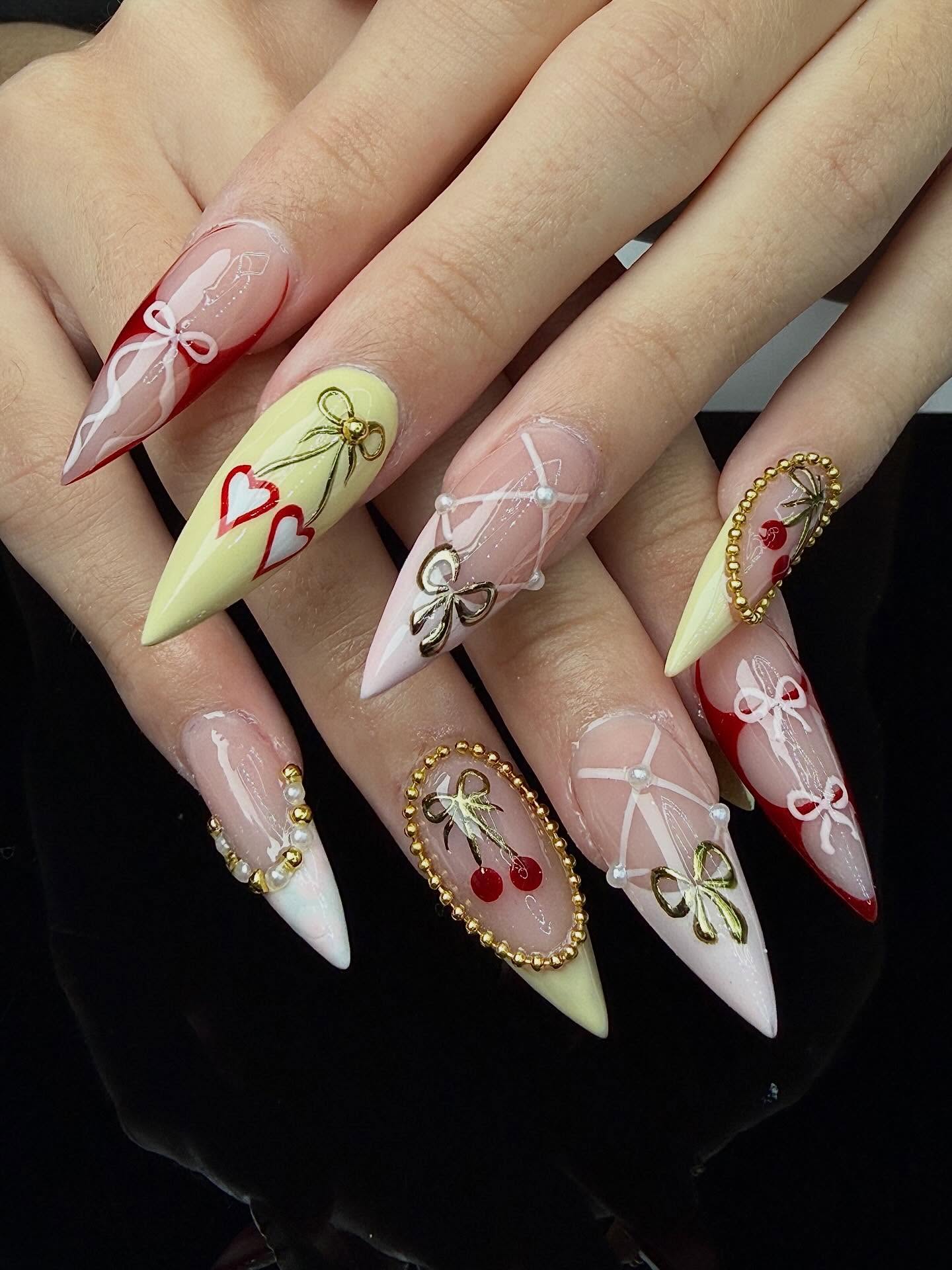 Golden Cherry & Corset Lace Press On Nails - XL Stiletto Luxury Set