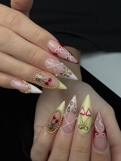 Golden Cherry & Corset Lace Press On Nails - XL Stiletto Luxury Set