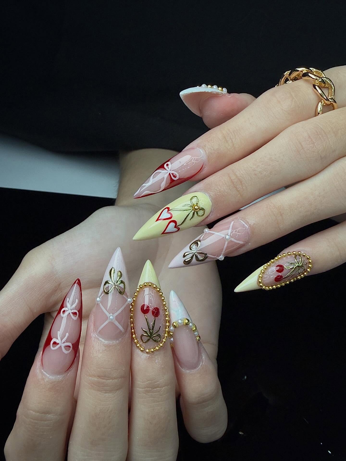 Golden Cherry & Corset Lace Press On Nails - XL Stiletto Luxury Set
