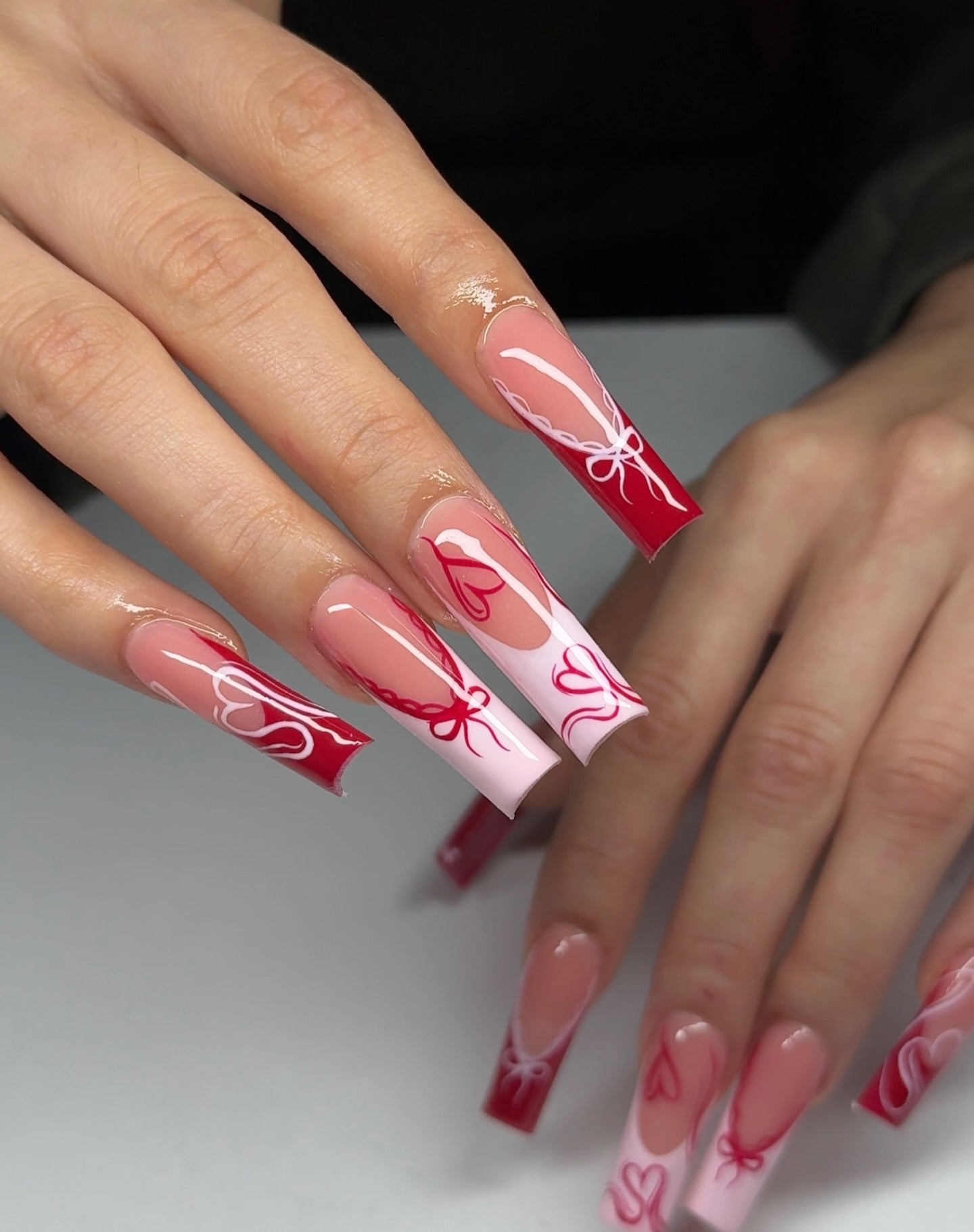 Crimson Lace & Ribbon Bow Press On Nails - XL Tapered Square