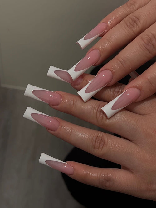 Minimalist Deep V-Cut White French Press On Nails - XL Square