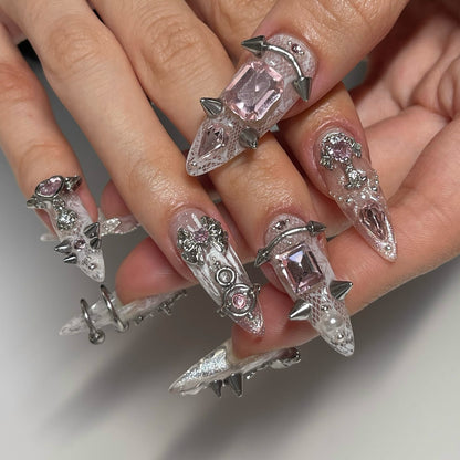 Heavy Metal Coquette Lace & Spike Press On Nails - Silver Cross - Long Stiletto