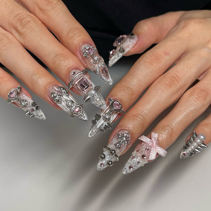 Heavy Metal Coquette Lace & Spike Press On Nails - Silver Cross - Long Stiletto