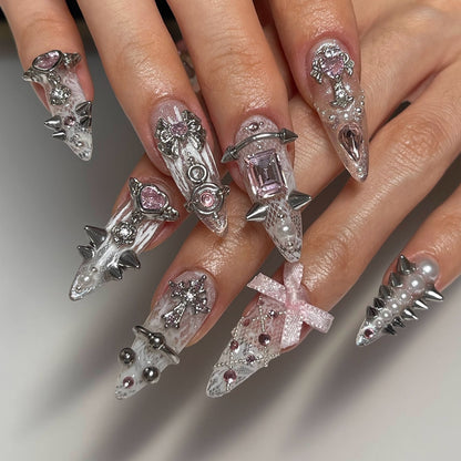 Heavy Metal Coquette Lace & Spike Press On Nails - Silver Cross - Long Stiletto