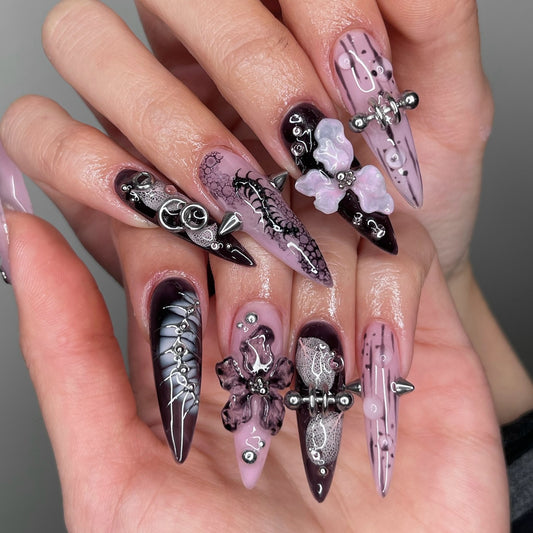 Dark Coquette 3D Orchid & Spike Press On Nails - XL Stiletto