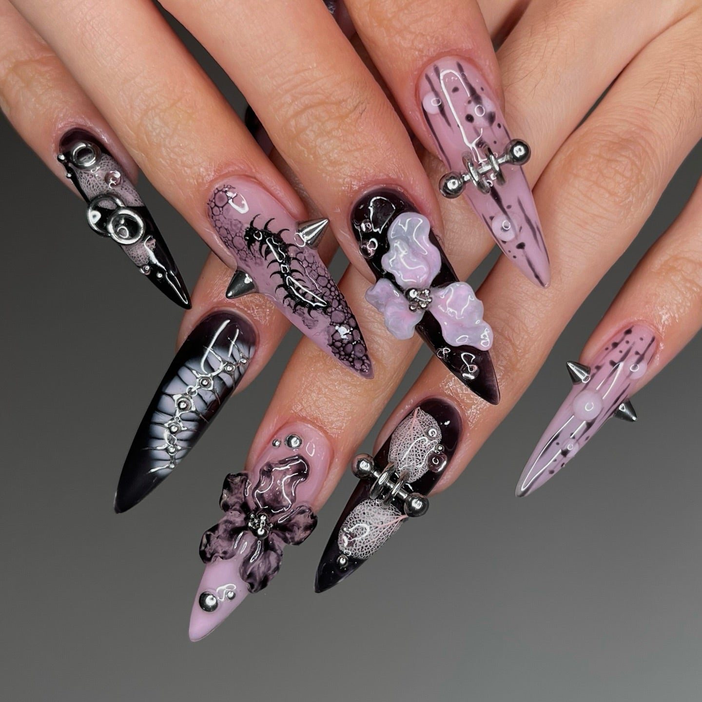 Dark Coquette 3D Orchid & Spike Press On Nails - XL Stiletto