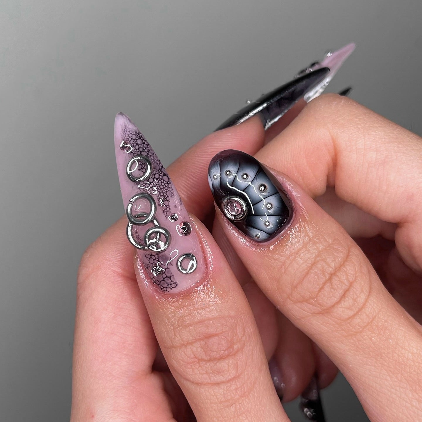 Dark Coquette 3D Orchid & Spike Press On Nails - XL Stiletto
