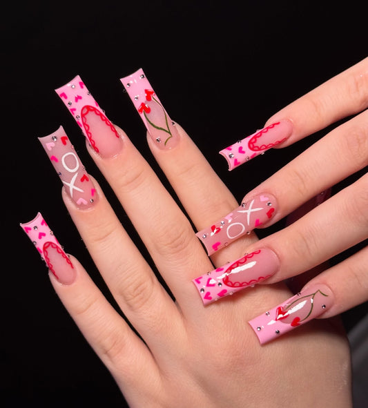 Sweetheart XOXO & Cherry Scallop Press On Nails - XL Square