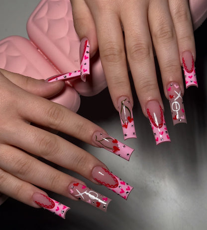 Sweetheart XOXO & Cherry Scallop Press On Nails - XL Square