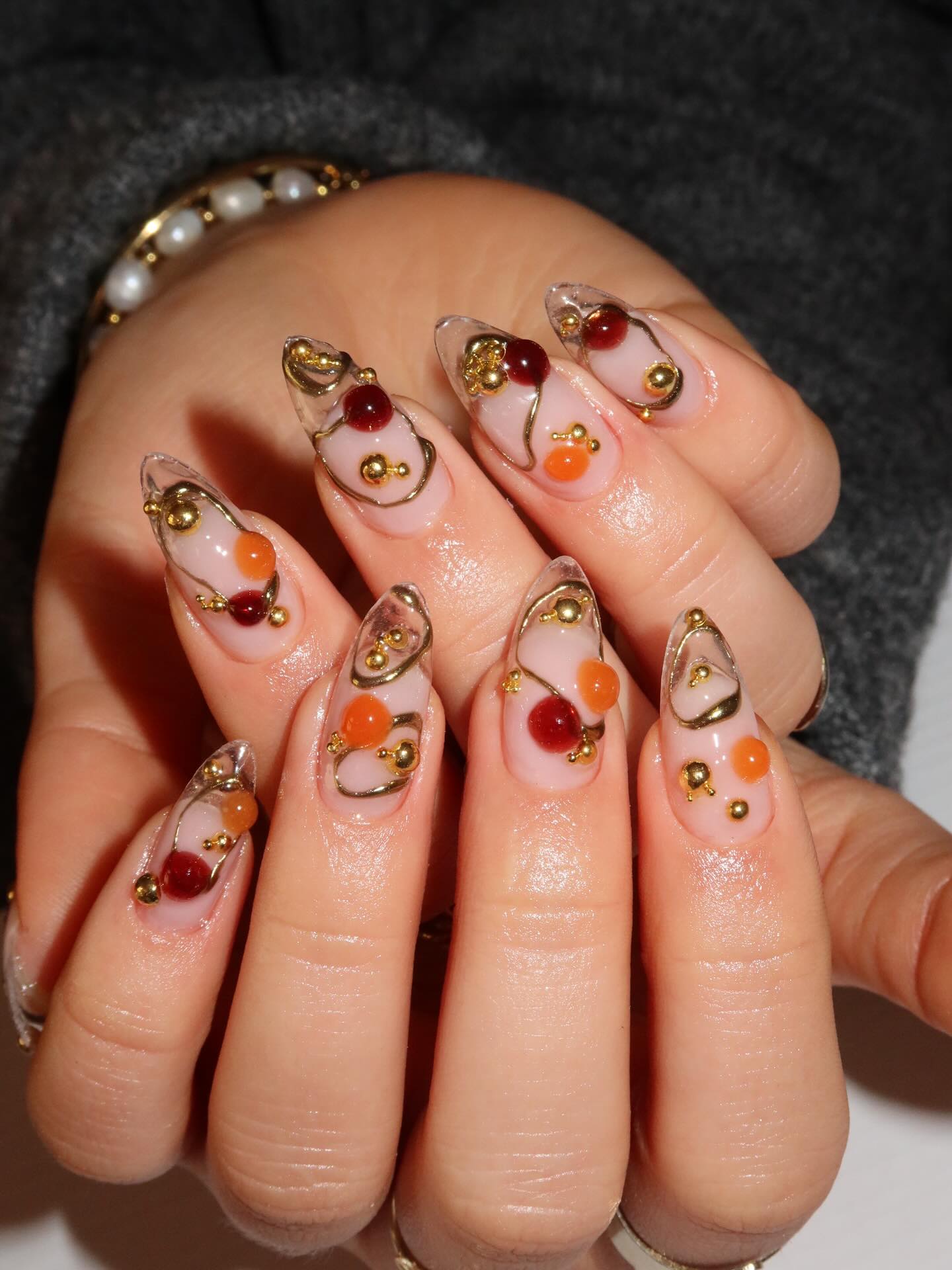Gilded Gemstone Abstract Press On Nails - Luxury 3D Jewelry Almond