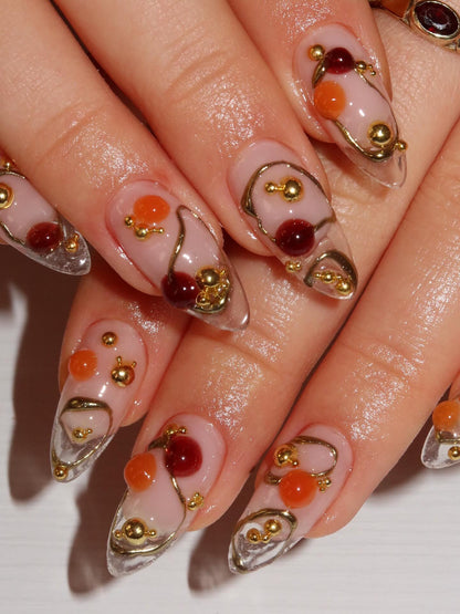 Gilded Gemstone Abstract Press On Nails - Luxury 3D Jewelry Almond