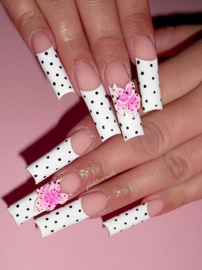 3D Cherry Heart & Scalloped French Press On Nails - Long Stiletto