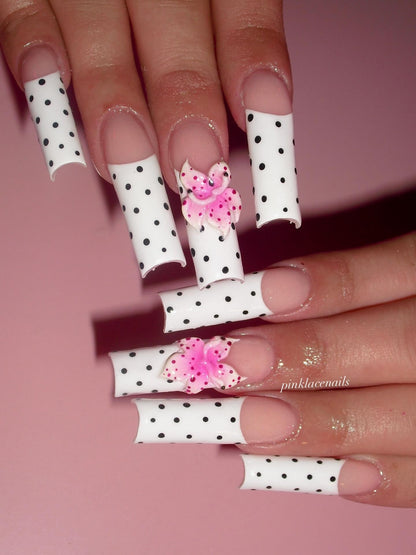 3D Cherry Heart & Scalloped French Press On Nails - Long Stiletto