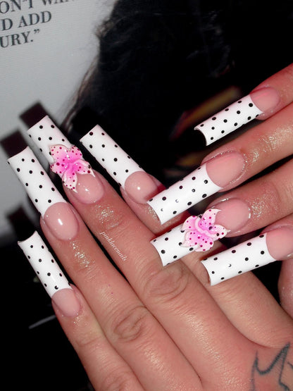 3D Cherry Heart & Scalloped French Press On Nails - Long Stiletto