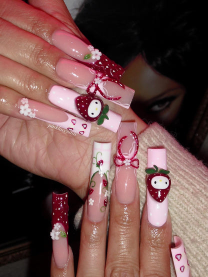 3D Strawberry Garden & Kawaii Button Luxe Press On Nails - XL Square