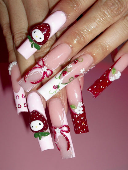 3D Strawberry Garden & Kawaii Button Luxe Press On Nails - XL Square