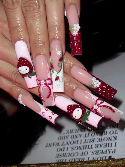 3D Strawberry Garden & Kawaii Button Luxe Press On Nails - XL Square