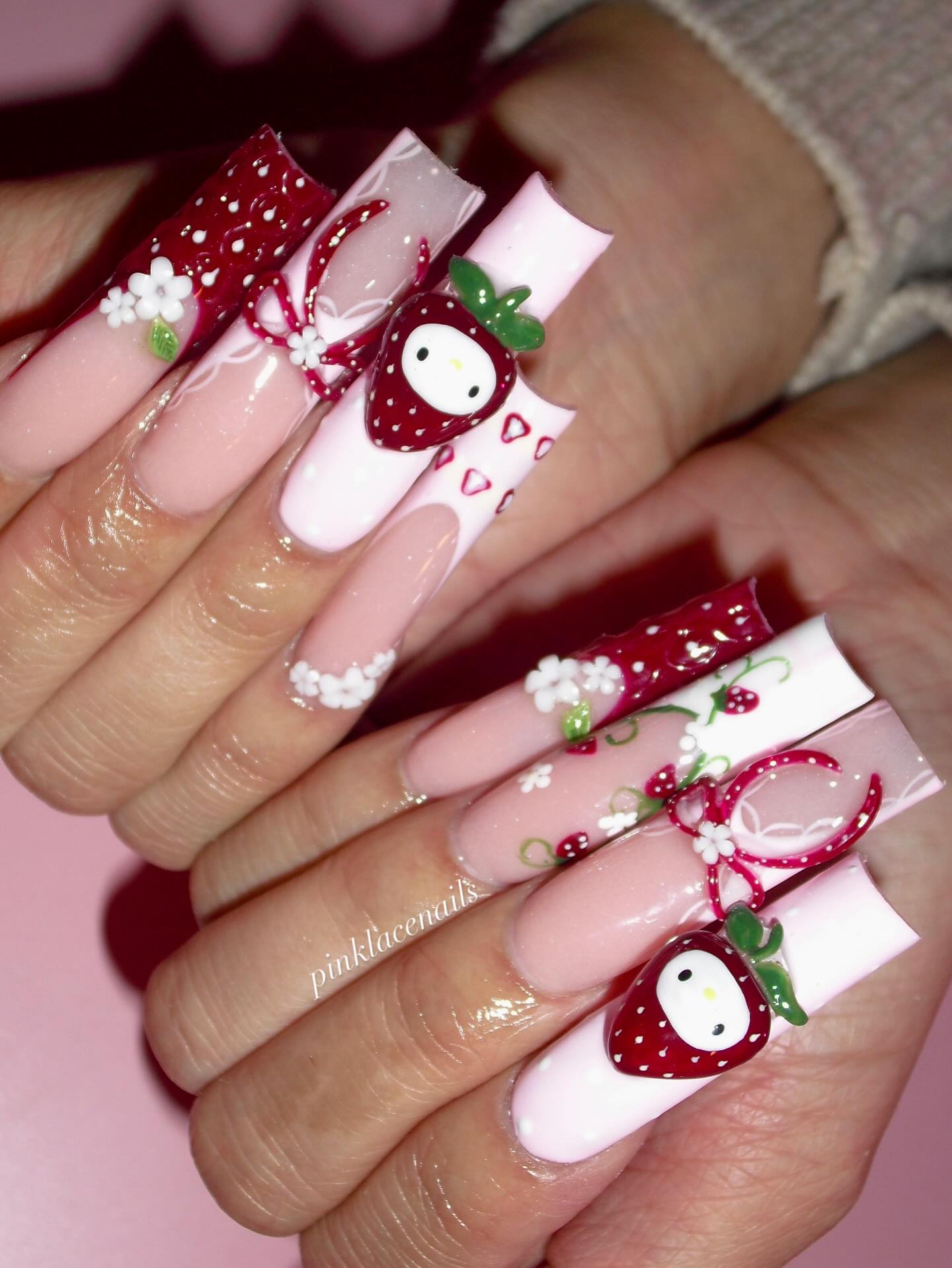 3D Strawberry Garden & Kawaii Button Luxe Press On Nails - XL Square