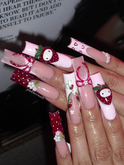3D Strawberry Garden & Kawaii Button Luxe Press On Nails - XL Square