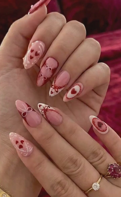 Romantic Burgundy Coquette Lace Press On Nails - Long Almond