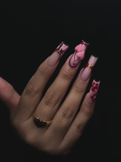 Gothic Cherry Heart & Gold Starburst Press On Nails - Long Square