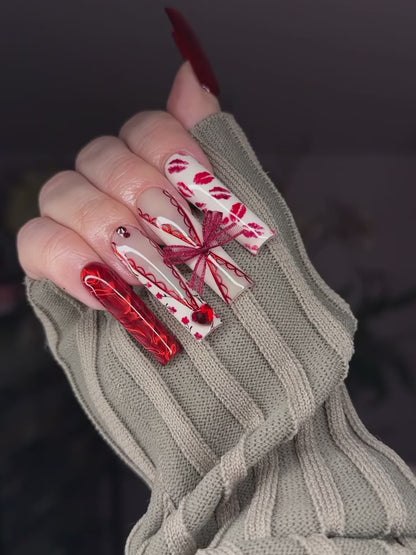 Romantic 3D Ribbon & Kiss Press On Nails - Long Square Luxury Set