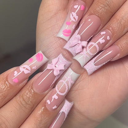 Sweetheart XOXO 3D Bow & Sugar Glitter Press On Nails - Long Square