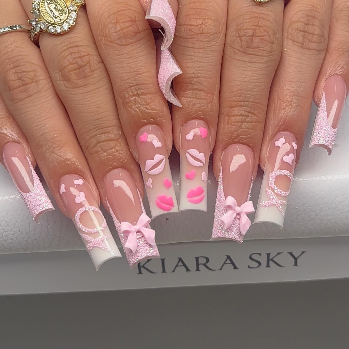 Sweetheart XOXO 3D Bow & Sugar Glitter Press On Nails - Long Square