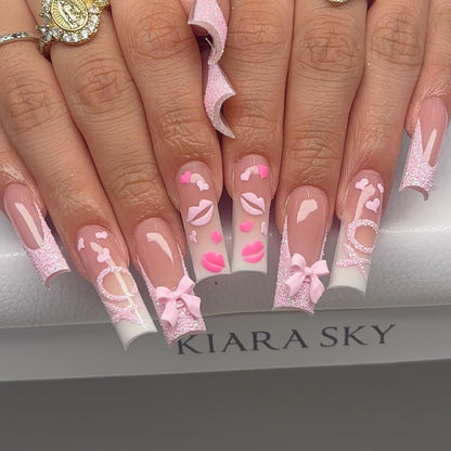 Sweetheart XOXO 3D Bow & Sugar Glitter Press On Nails - Long Square