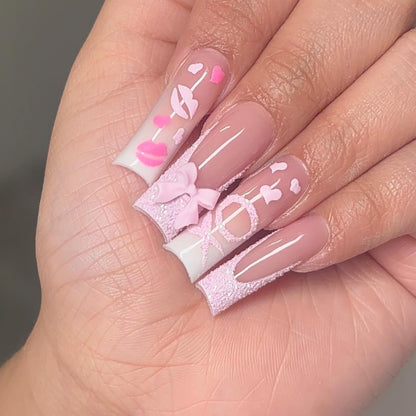 Sweetheart XOXO 3D Bow & Sugar Glitter Press On Nails - Long Square