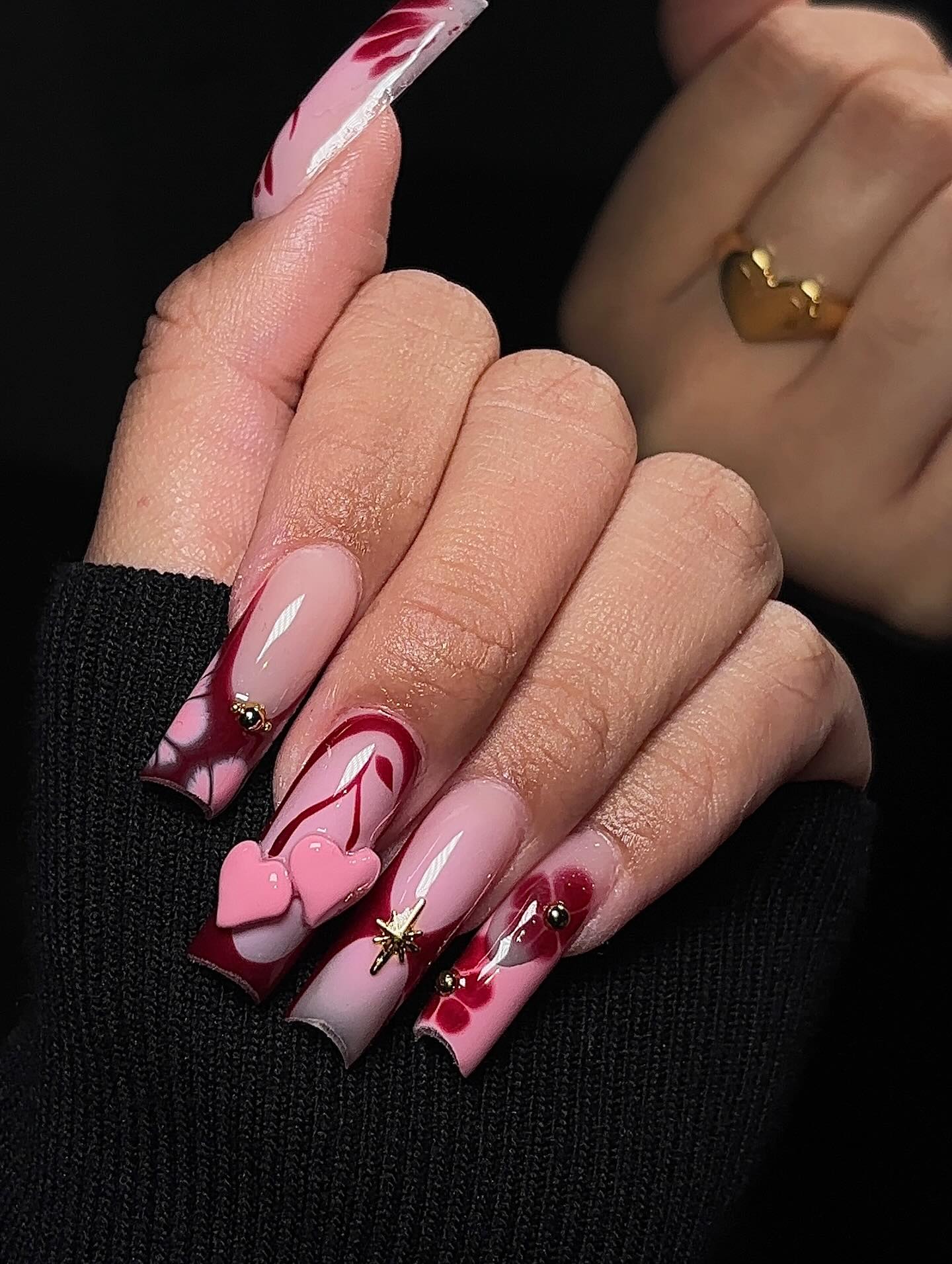 Gothic Cherry Heart & Gold Starburst Press On Nails - Long Square