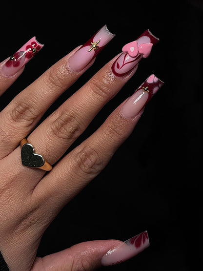Gothic Cherry Heart & Gold Starburst Press On Nails - Long Square