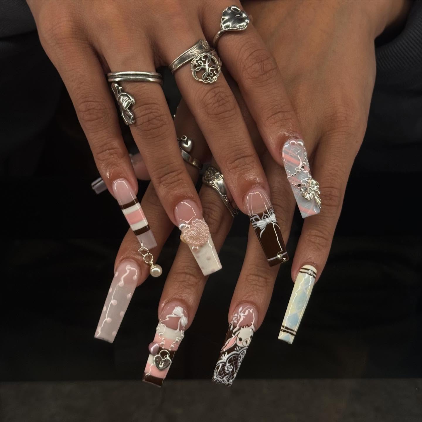 3D Cherry Heart & Scalloped French Press On Nails - Long Stiletto