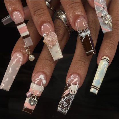 3D Cherry Heart & Scalloped French Press On Nails - Long Stiletto