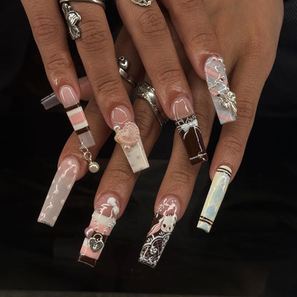 3D Cherry Heart & Scalloped French Press On Nails - Long Stiletto